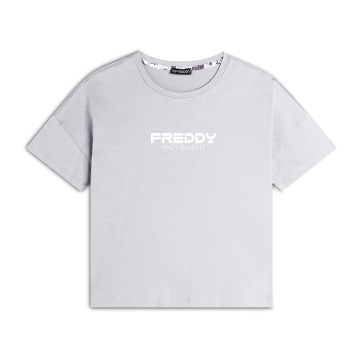 T-shirt donna comfort fit corta con stampa e spacchi