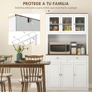 Alacena de Cocina Mueble Auxiliar de Cocina Armario de Cocina con 3 Puertas de Vidrio Compartimento Abierto 2 Cajones y Estantes Ajustables 100x40x180 cm Blanco
