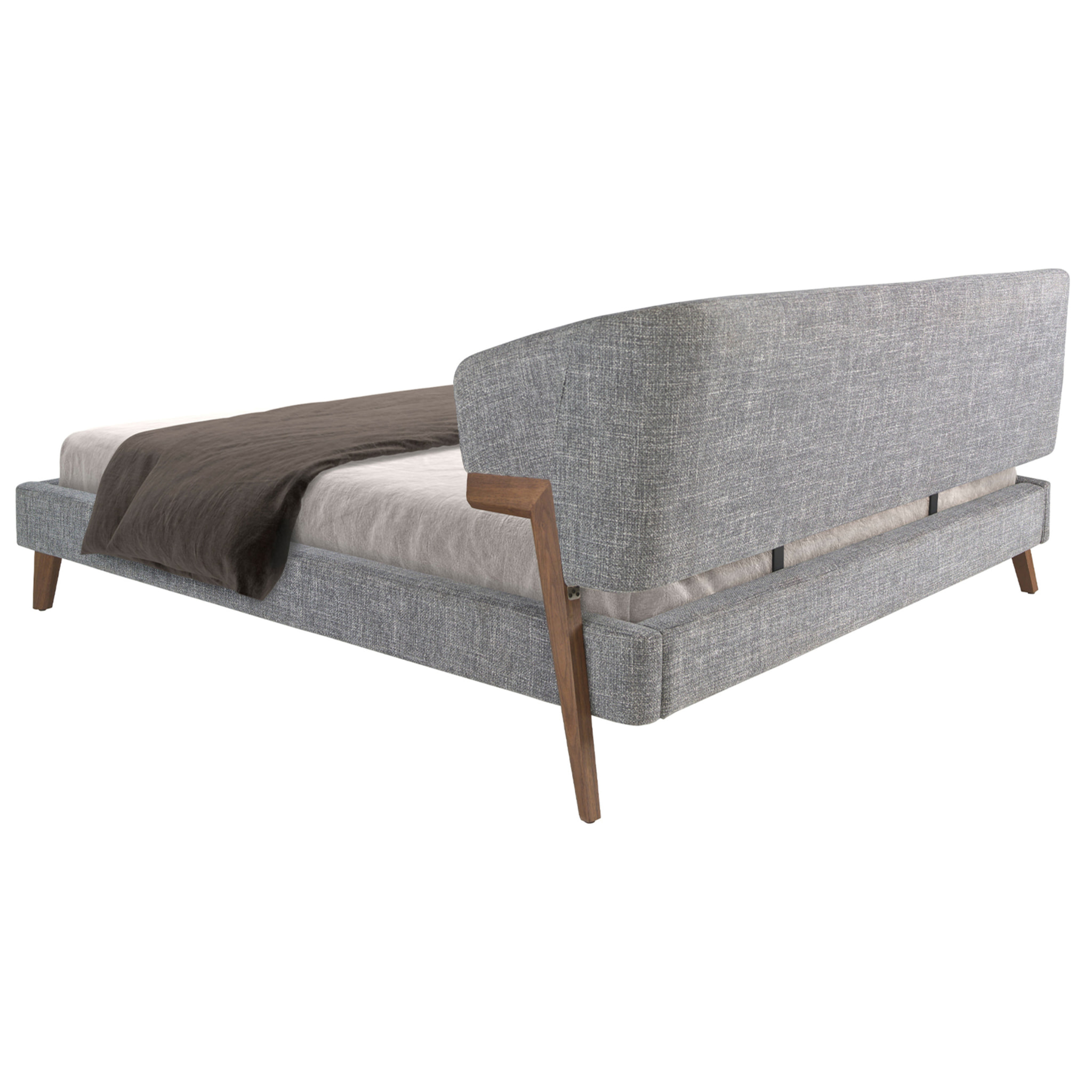 Cama de matrimonio en tela gris y patas de madera chapada en nogal natural 211x220x95cm