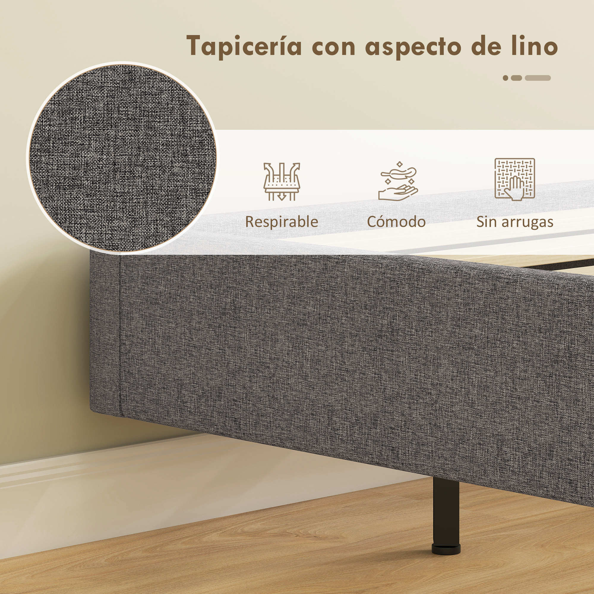 Somier Flotante 160x200 cm con Luces LED, Estructura de Cama, Tapizado en Lino, Láminas de Madera, Silencioso, Fácil de Montar, Gris