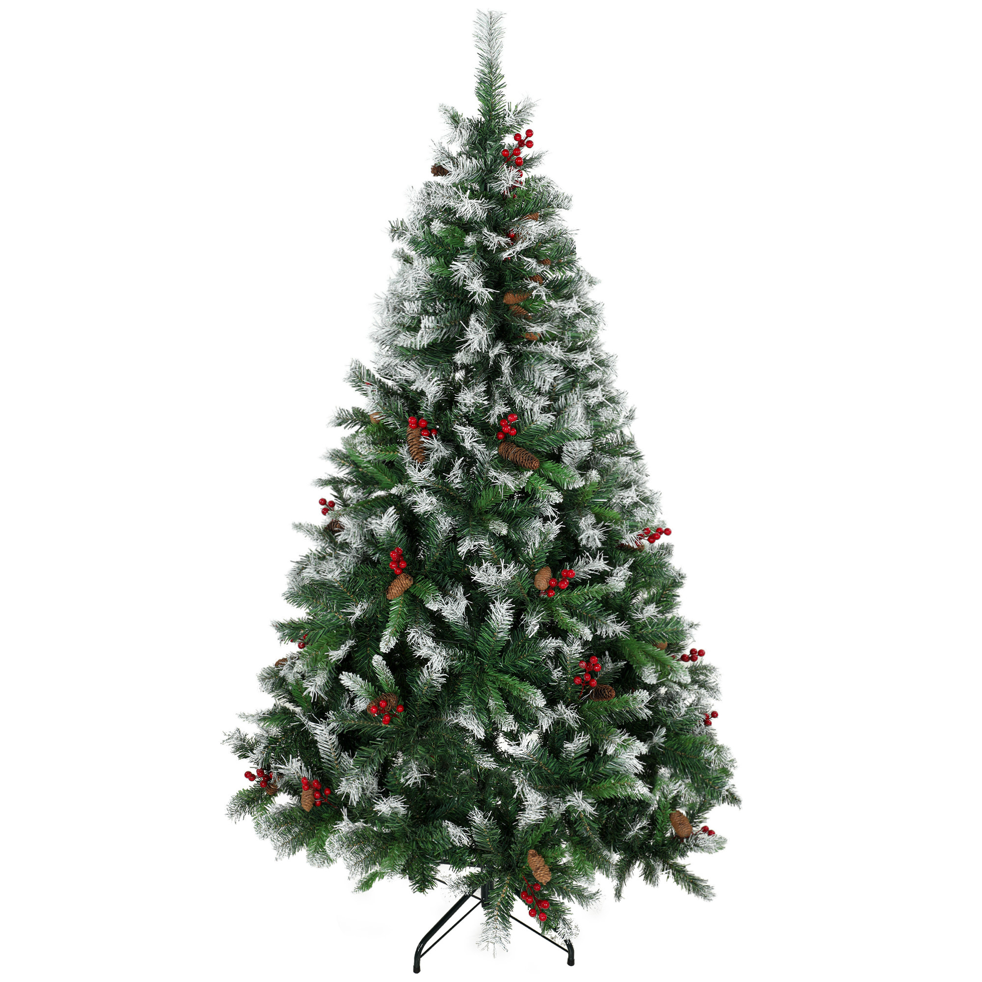 HOMCOM Árbol de Navidad 180 cm, Árbol de Navidad Artificial Nevado con 840 Ramas, Bayas Rojas, Piñas, Base de Acero Plegable, Montaje Rápido, Decoración Navideña para Salón, Interior, Verde