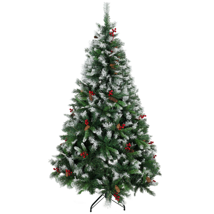 HOMCOM Árbol de Navidad 180 cm, Árbol de Navidad Artificial Nevado con 840 Ramas, Bayas Rojas, Piñas, Base de Acero Plegable, Montaje Rápido, Decoración Navideña para Salón, Interior, Verde