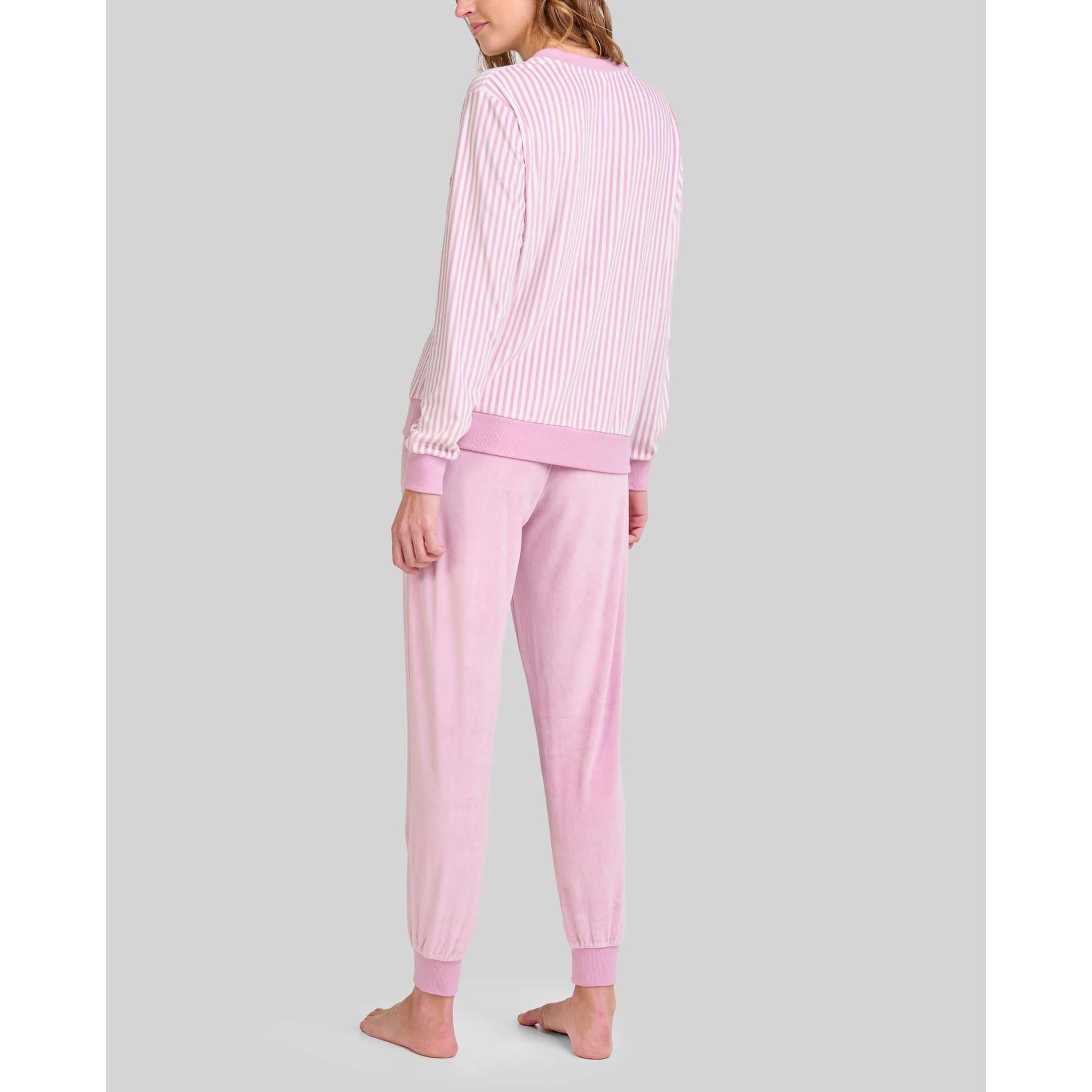 Pijama mujer suave tejido de rayas con escote y aberturas elásticas, manga larga y pantalón largo