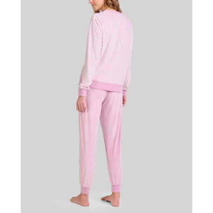 Pijama mujer suave tejido de rayas con escote y aberturas elásticas, manga larga y pantalón largo