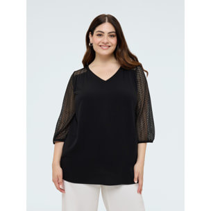 Fiorella Rubino - T-shirt bimaterica con maniche crochet - Nero