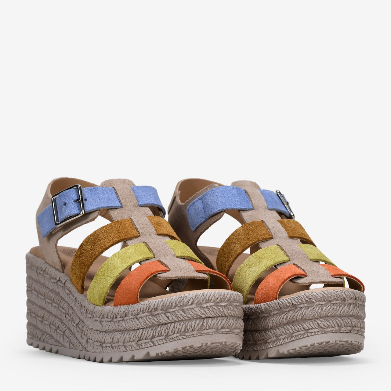 Sandalias piel multicolor con cuña