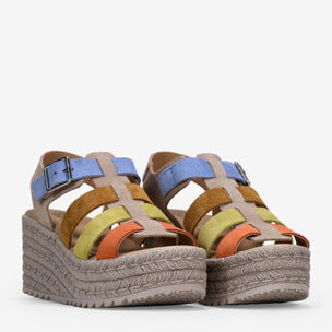 Sandalias piel multicolor con cuña