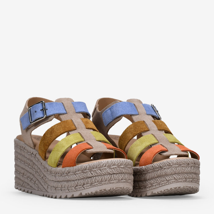 Sandalias piel multicolor con cuña
