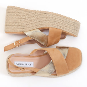 Sandali in simil pelle scamosciata con zeppa in rafia