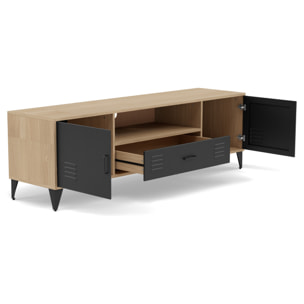 Tribeca - meuble tv - effet bois et métal noir - 2 portes et 1 tiroir - 160 cm - Bois / Noir