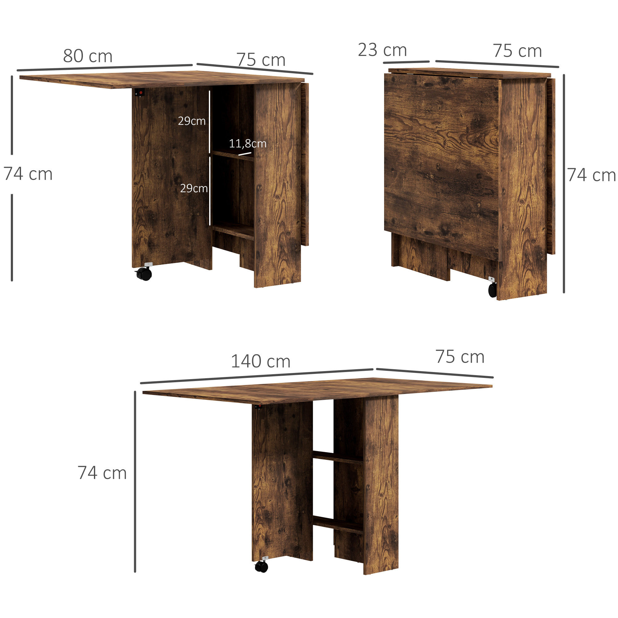Table pliante mobile 2 étagères intégrées noir aspect bois vieilli