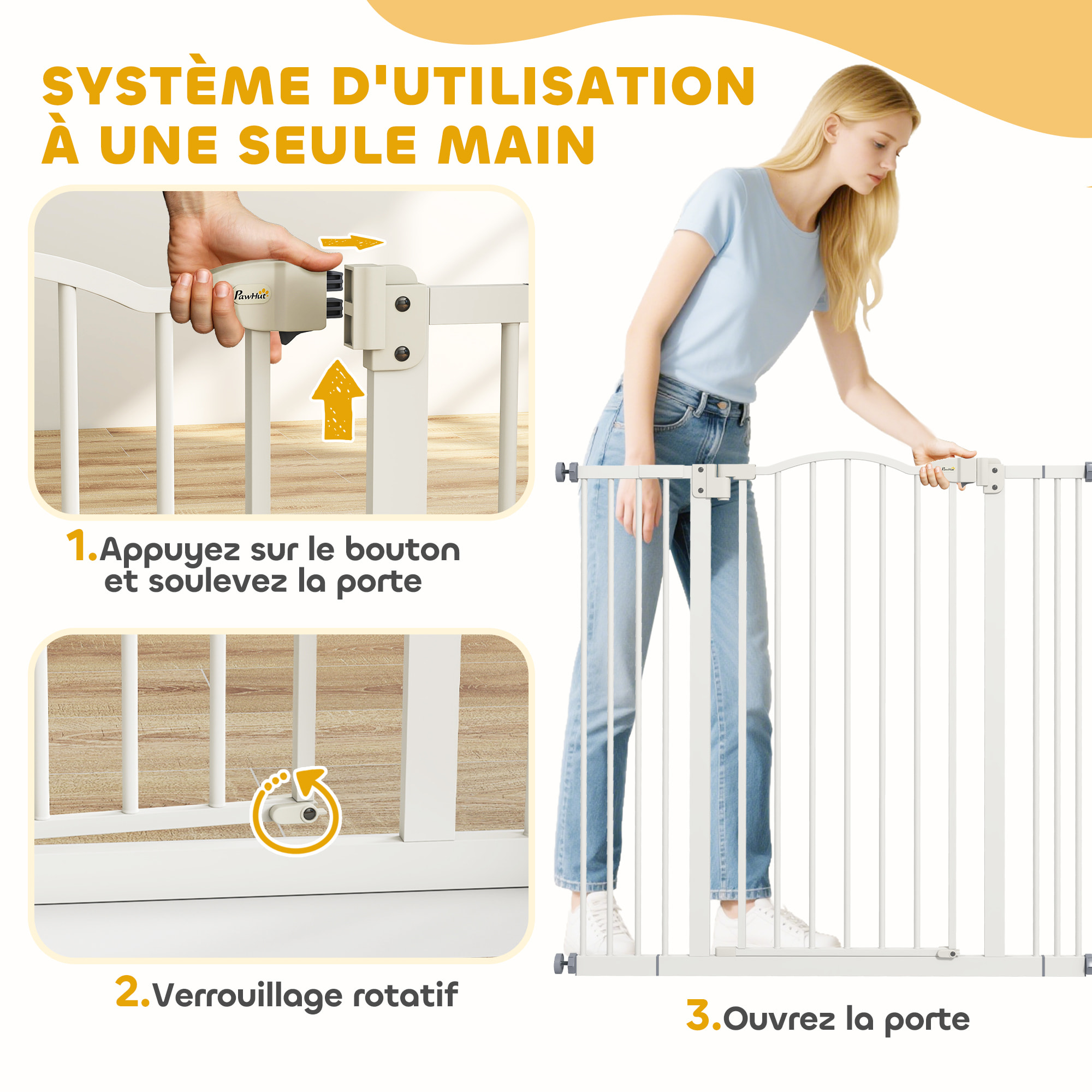 Barrière de sécurité pour chien extensible 74-100 cm, barrière d'escalier à fixation par pression sans percer, double verrouillage, fermeture automatique, hauteur 94 cm, blanc