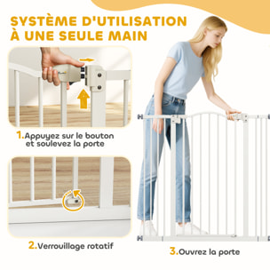 Barrière de sécurité pour chien extensible 74-100 cm, barrière d'escalier à fixation par pression sans percer, double verrouillage, fermeture automatique, hauteur 94 cm, blanc
