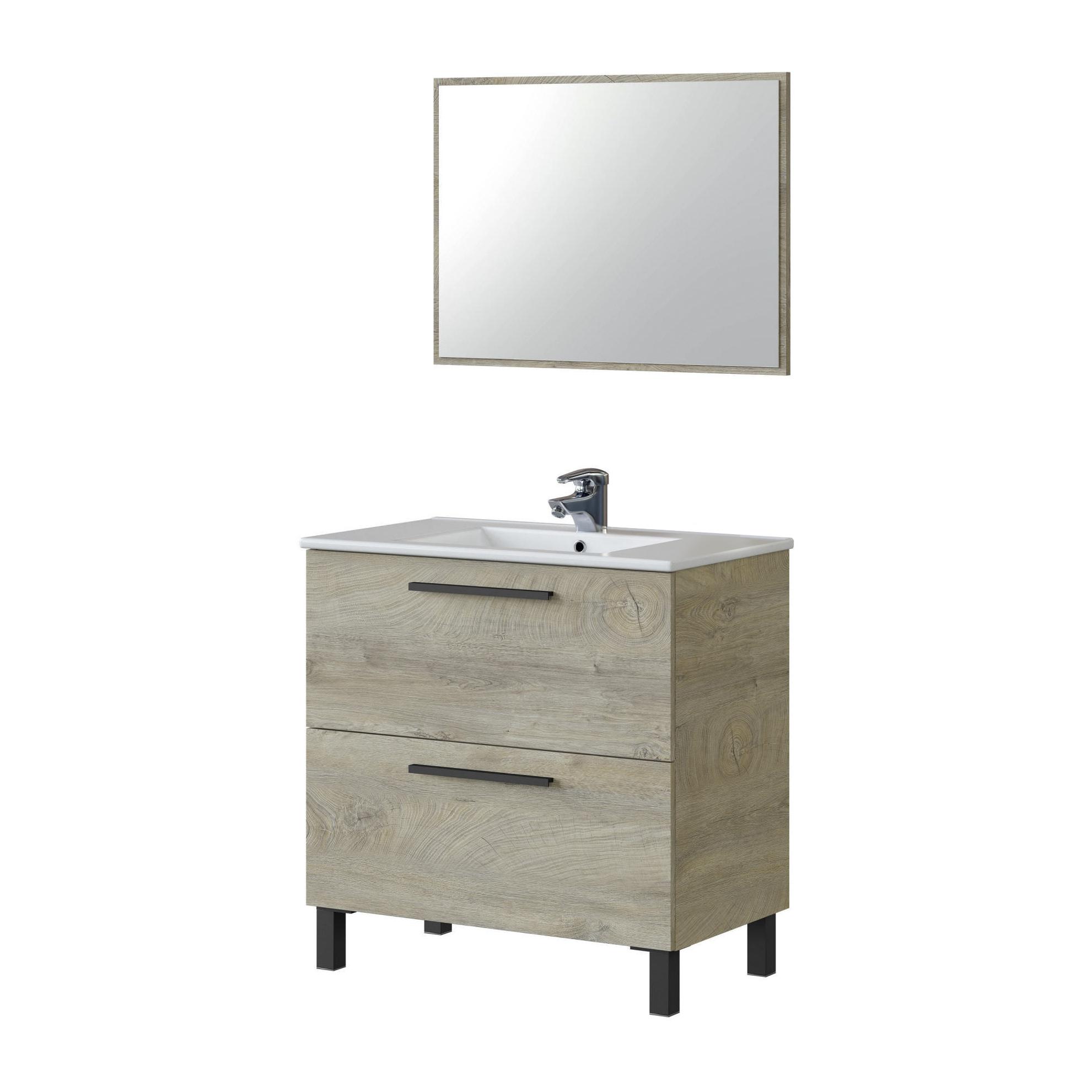 Mobile sottolavabo Yonkers, Mobiletto per bagno a 2 cassetti, Armadietto sospeso con specchio, lavabo non incluso, cm 80x45h80, Rovere