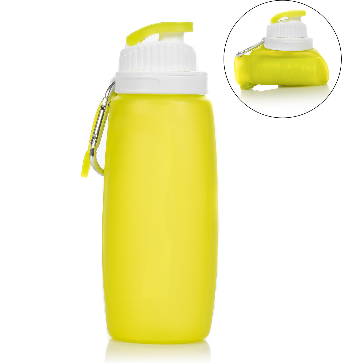 Mini bottiglia pieghevole avvolgibile da 320ml, in silicone per alimenti. Con moschettone.