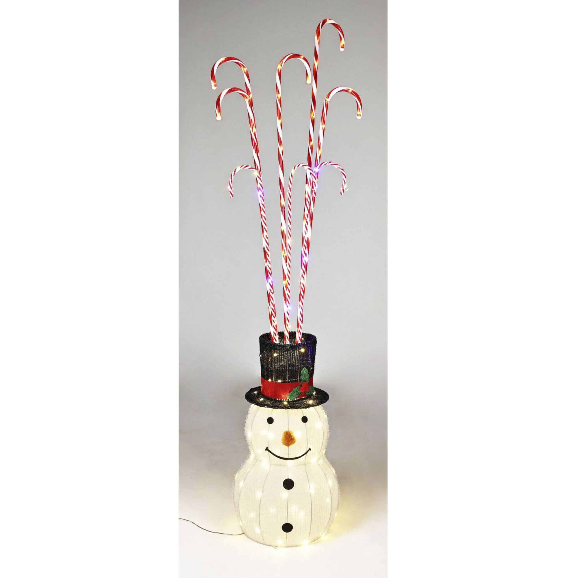 Muñeco de nieve con bastones de caramelo con luces led cálidas y múltiples h.180cm