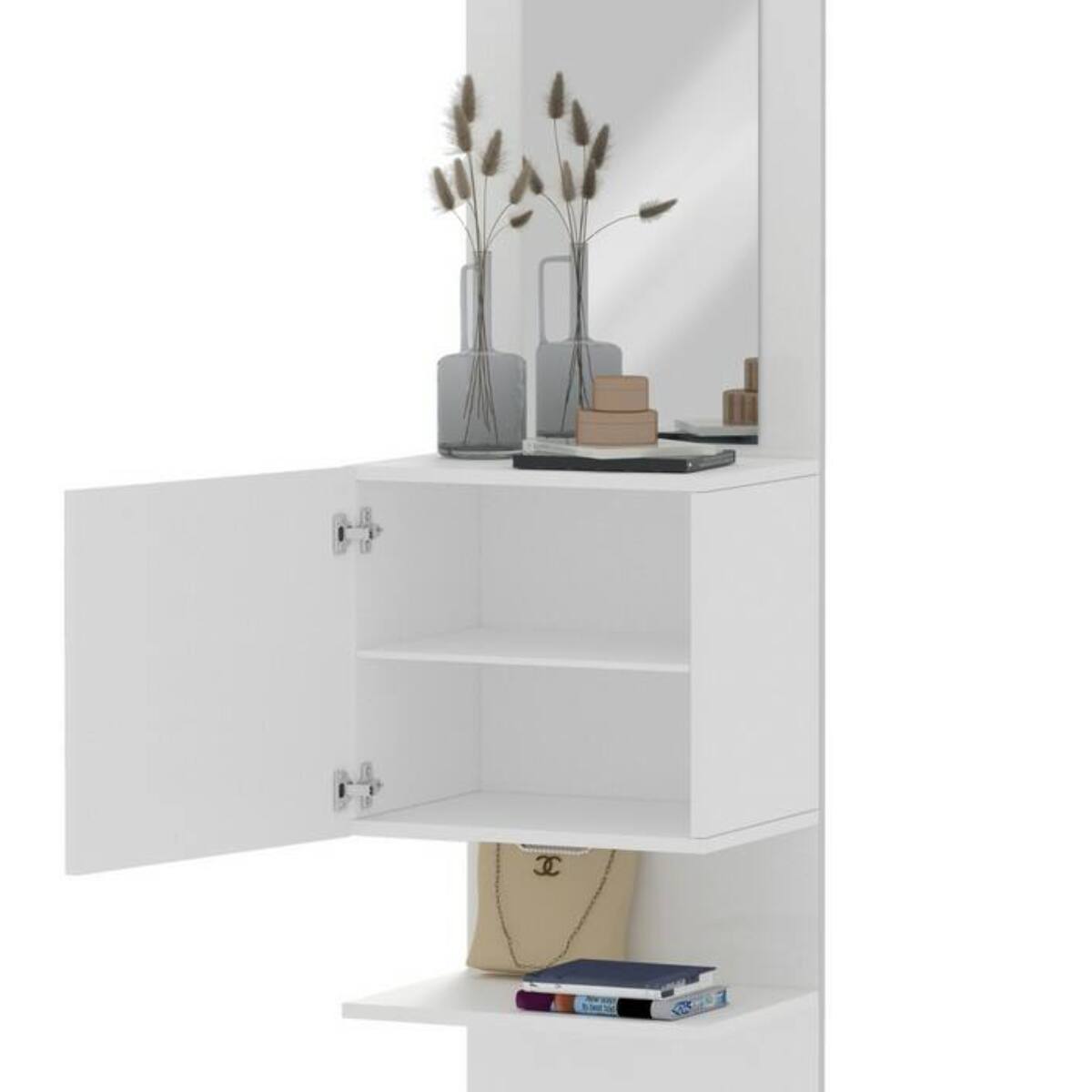 Mobile da ingresso Dcuadrad, Armadietto multifunzione con specchio, Scarpiera a 1 anta, 45x35h190 cm, Bianco