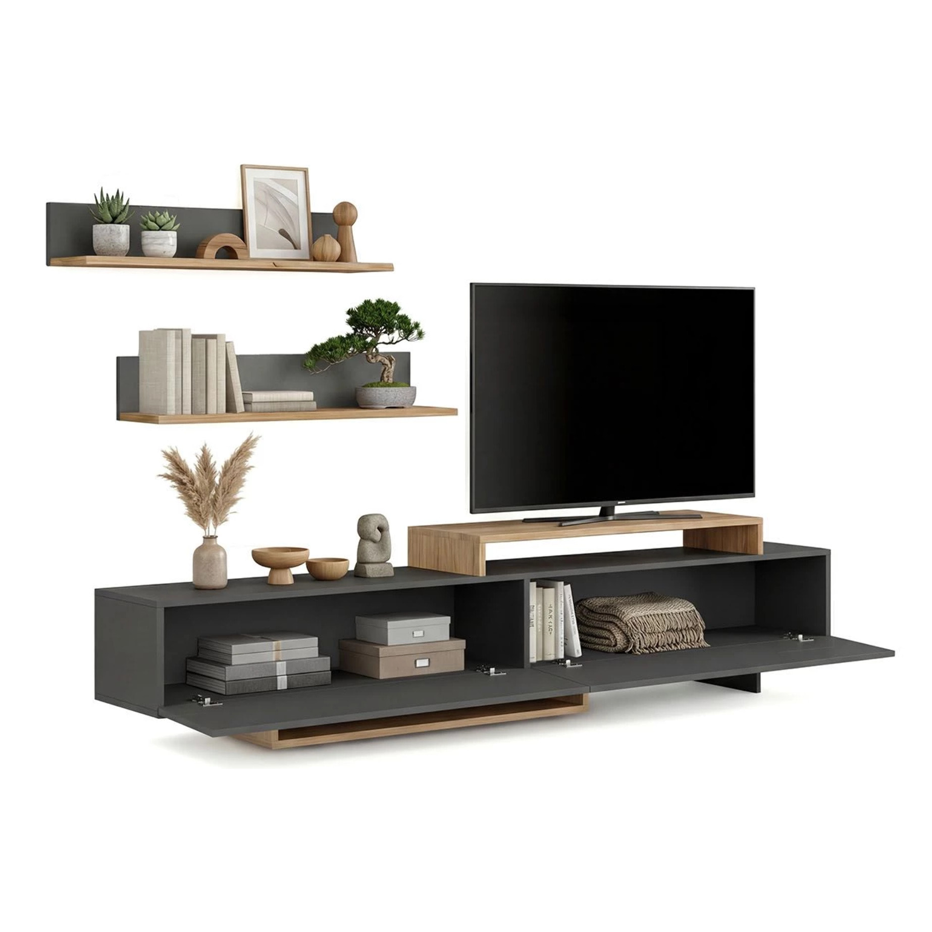 Salón con mueble TV y estanterías en gris grafito y alpino 200 cm Bender Gris Grafito - Alpino