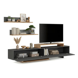 Salón con mueble TV y estanterías en gris grafito y alpino 200 cm Bender Gris Grafito - Alpino