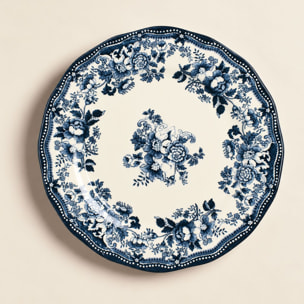 Lot de 6 assiettes plates 26cm fleuries en grès bleu  FAUSTINE