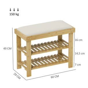 Banco Zapatero de Bambú Zapatero con Asiento Acolchado 2 Estantes para 6 Pares de Zapatos para Entrada Dormitorio 60x29x49 cm Natural y Crema