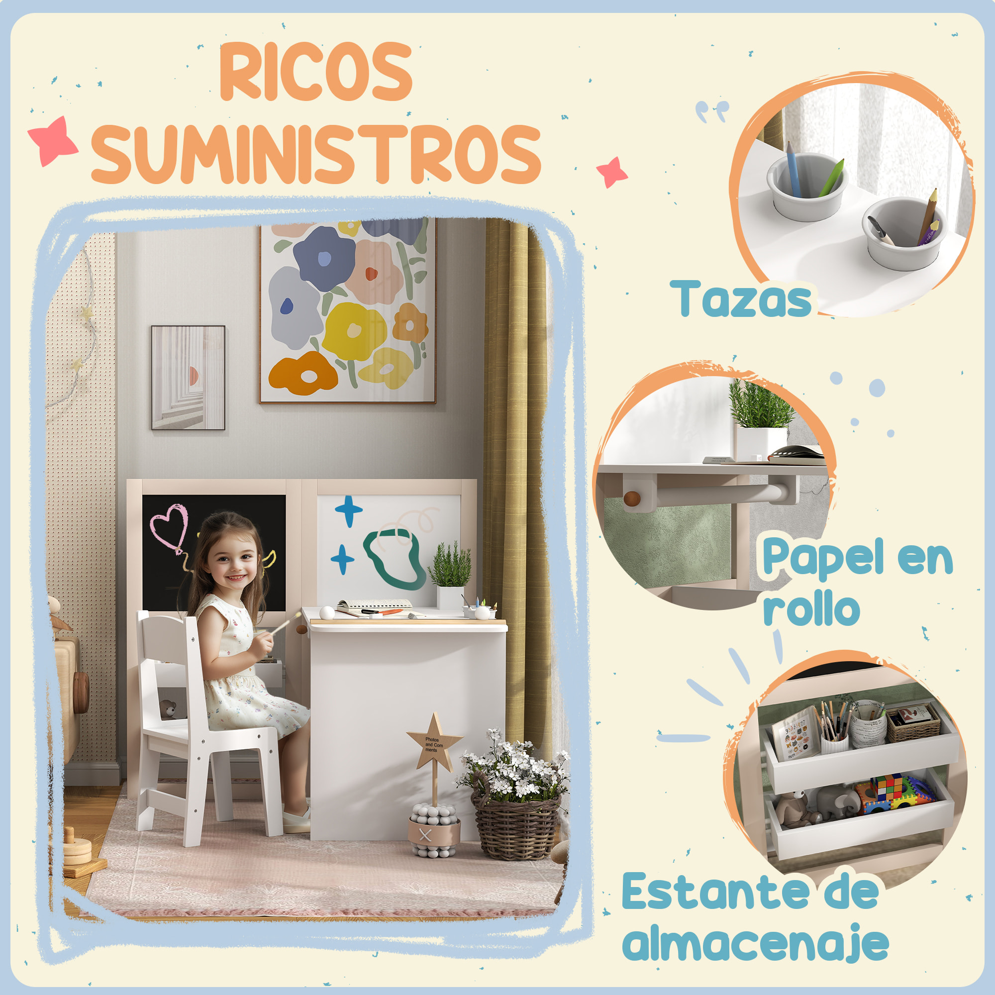 Mesa y Silla Infantil de 2 Piezas Mesa Infantil con Silla y Caballete Plegable Mesa para Niños de +3 Años con Estantes y Rollo de Papel para Dormitorio Sala de Juegos Blanco