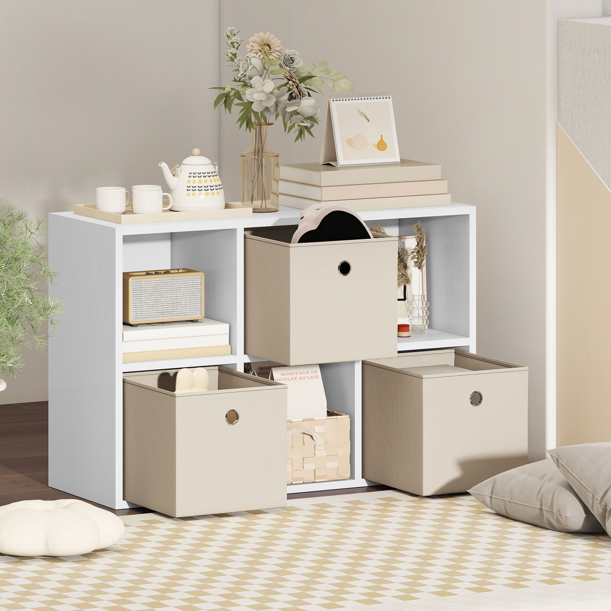 Estantería de 6 Cubos, Librería, Estantería para Libros con 3 Cajones de Tela, Horizontal o Vertical, para Salón, Dormitorio, Estudio, 53,7x30x79,8 cm, Blanco y Beige