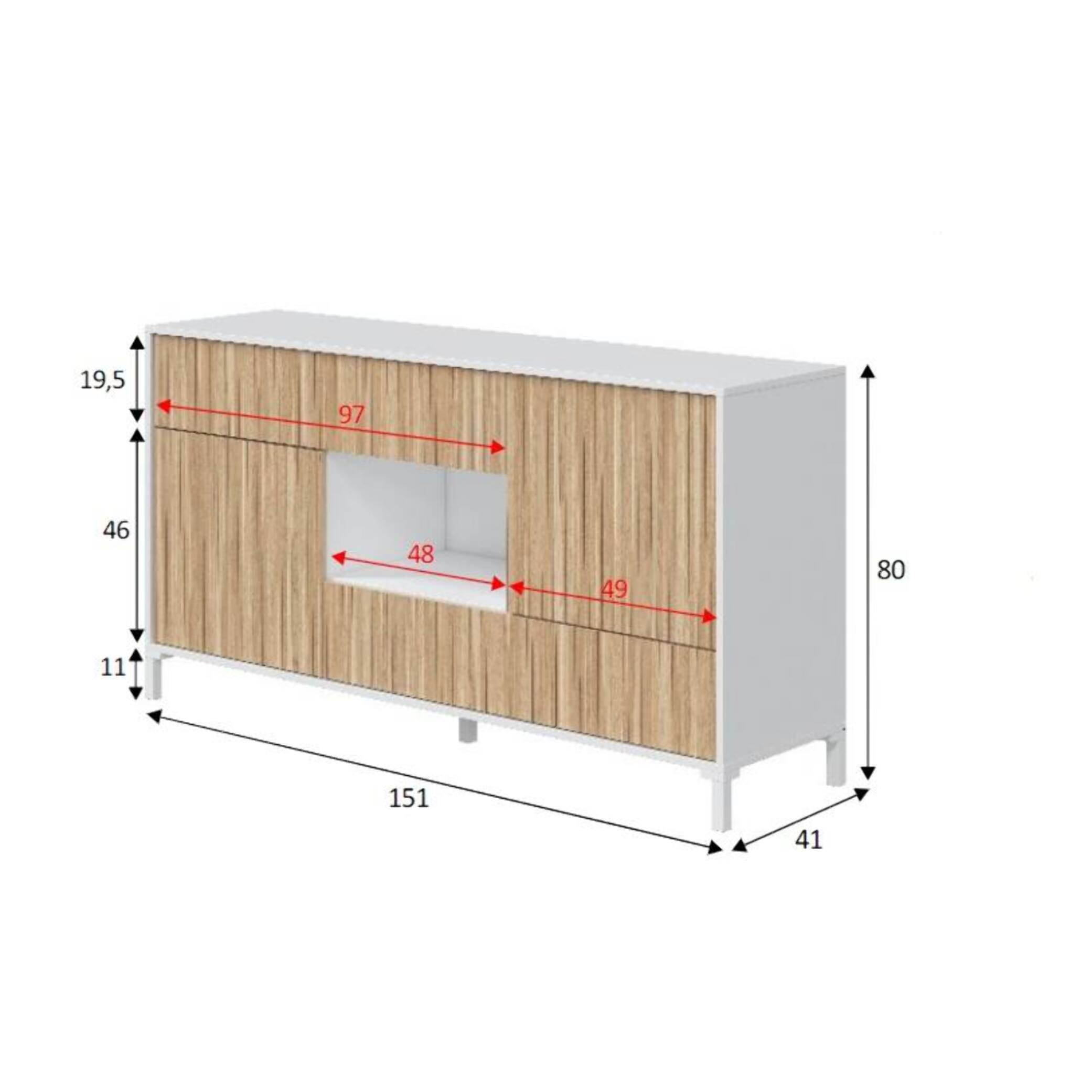 Credenza Wheaton, Buffet da soggiorno a 2 ante e 2 cassetti, Madia da salotto, Credenza moderna, 151x41h80 cm, Rovere e Bianco lucido