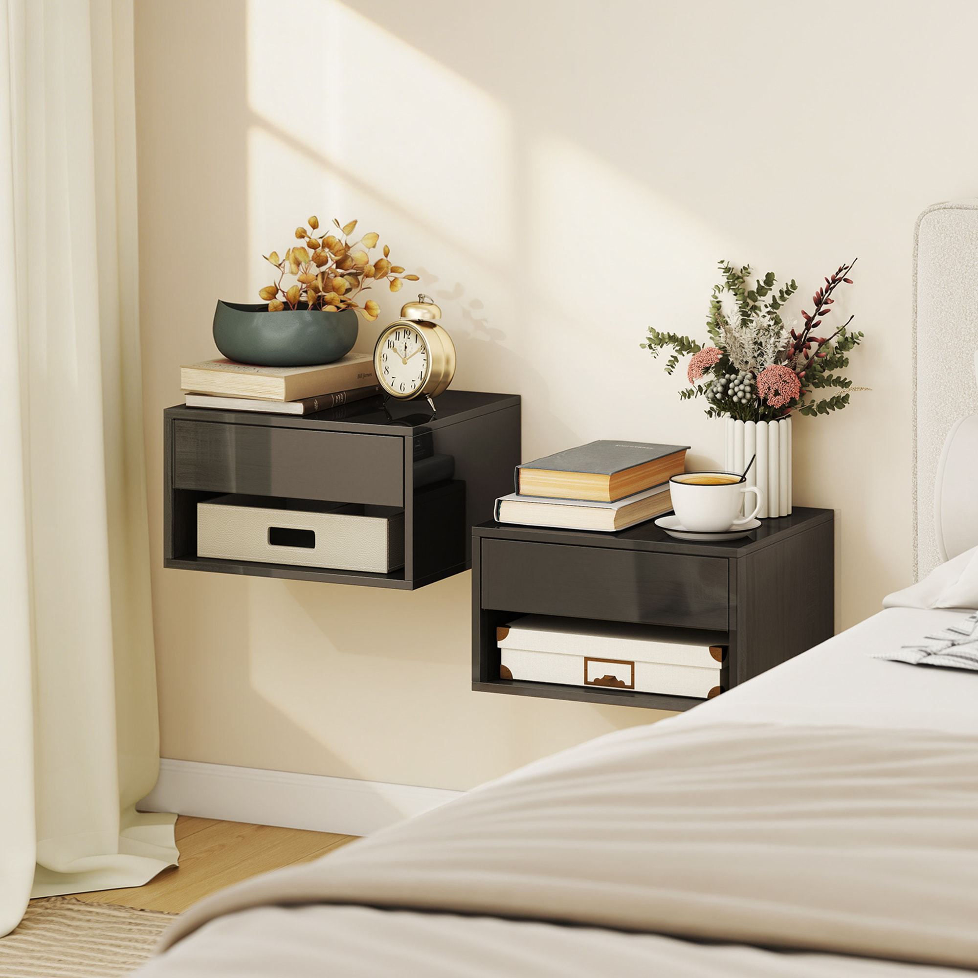 Juego de 2 Mesitas de Noche Flotantes, Mesillas de Noche con Cajón, Estante Abierto, para Dormitorio, Salón, 37x32x21 cm, Negro Brillo
