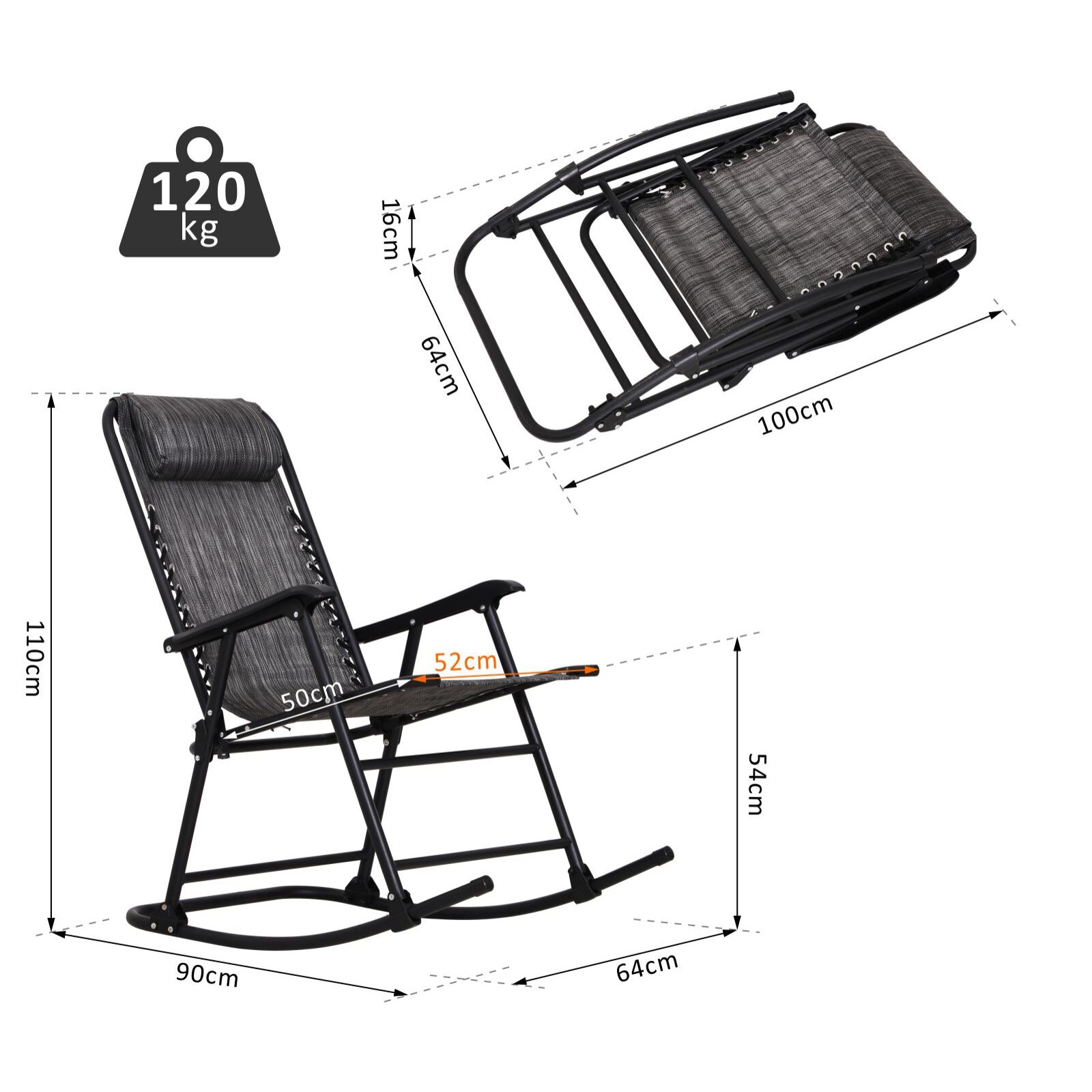 Fauteuil à bascule rocking chair pliable de jardin dim. 94L x 64l x 110H cm acier époxy textilène gris chiné