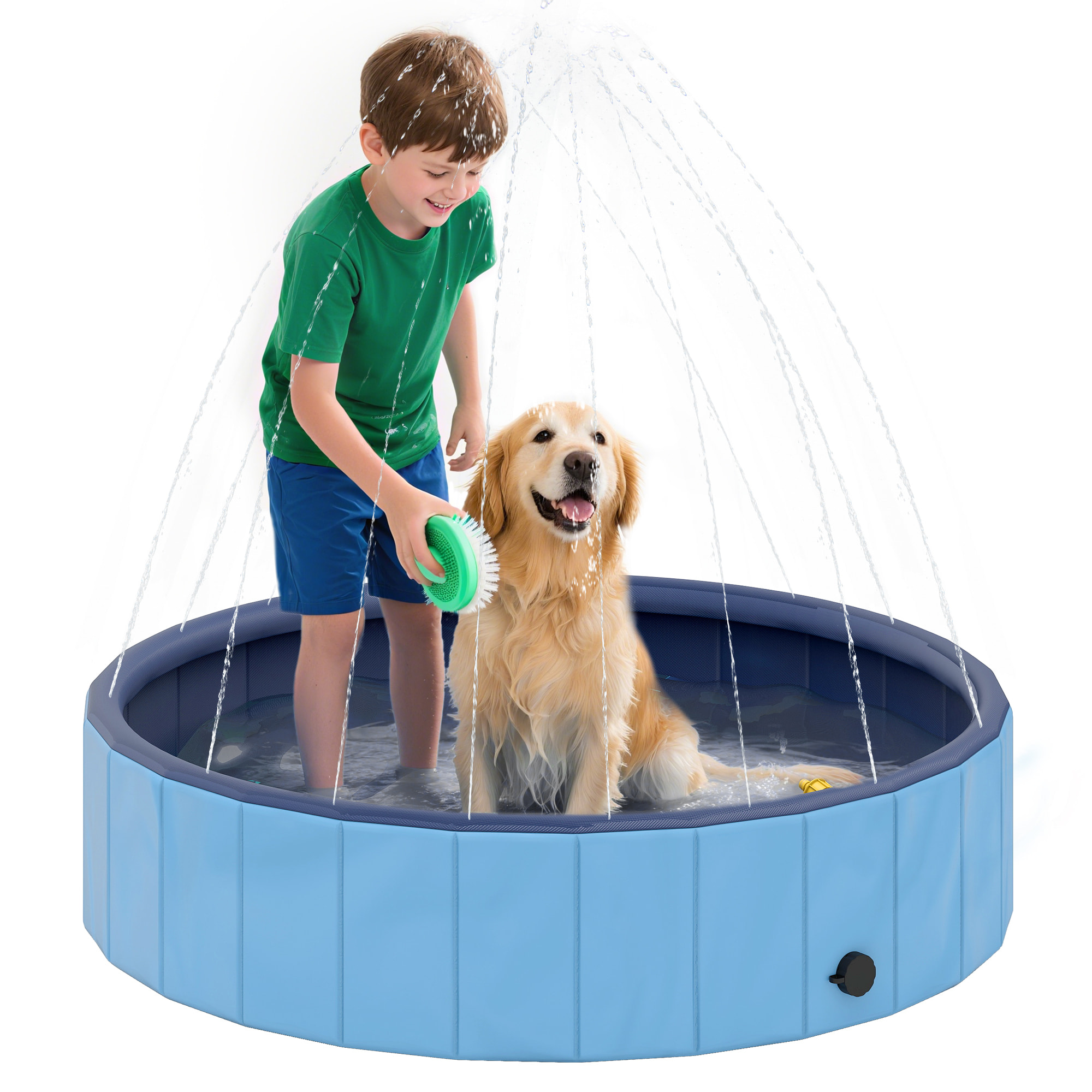 Piscina para Perros Plegable con Aspersor Bañera Portátil para Mascotas Grandes de PVC Antideslizante y Resistente al Desgaste para Interiores y Exteriores Ø120x30 cm Azul Claro