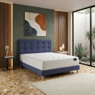 Ensemble matelas mousse haute résilience CALLISTO, H29 cm, accueil mémoire de forme, sommier et tête de lit bleu