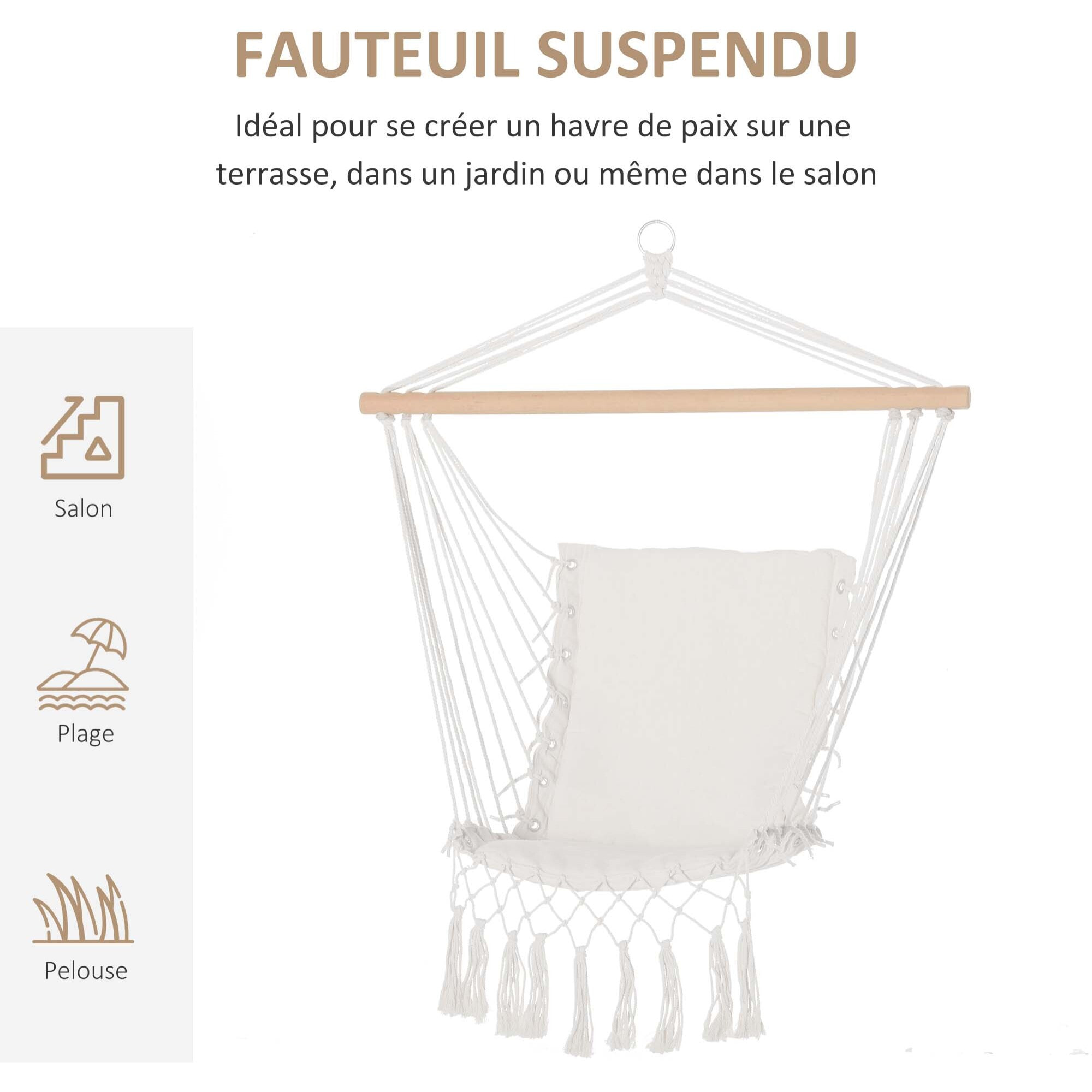 Chaise suspendue chaise hamac de voyage portable assise dossier rembourrés macramé coton polyester beige