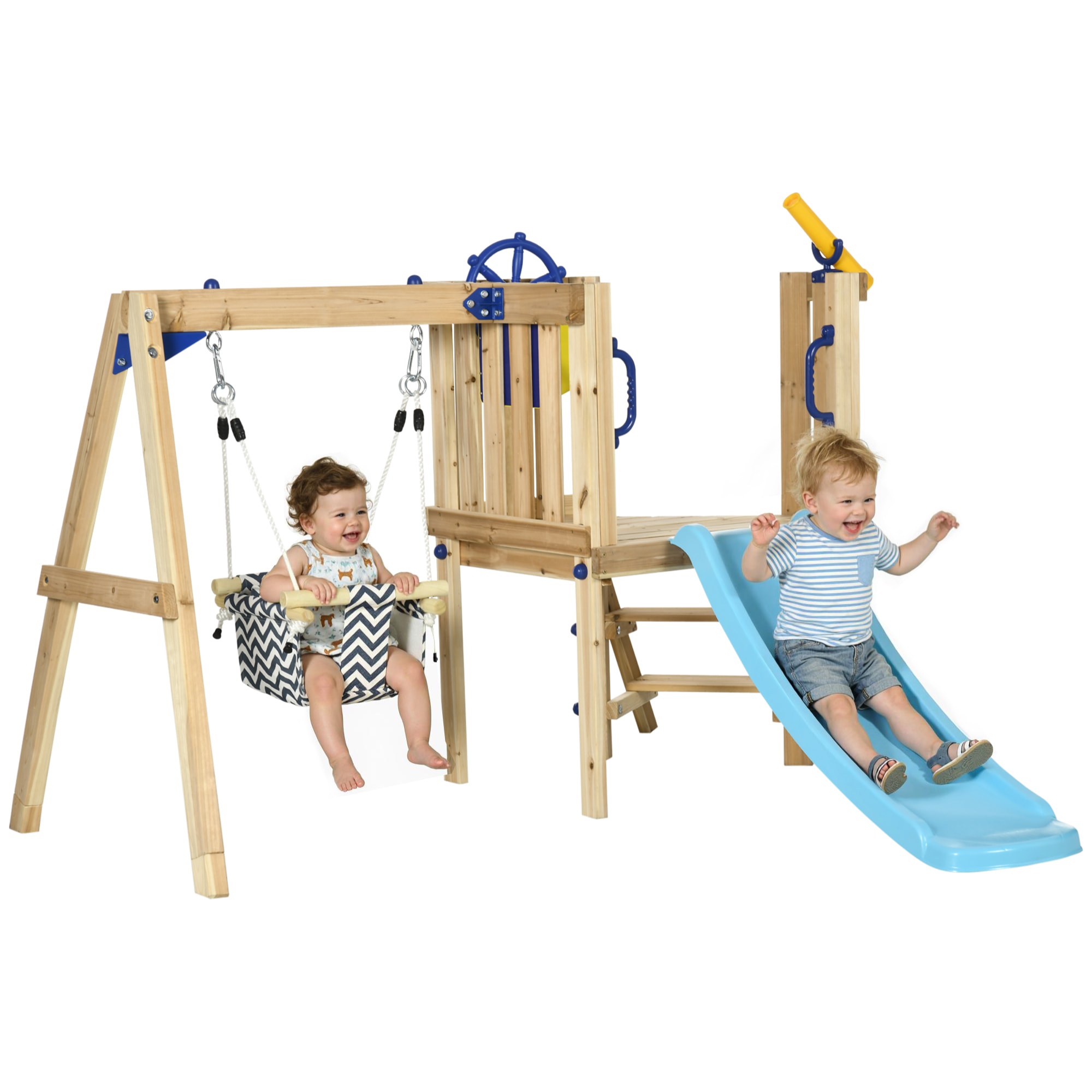 Columpio y Tobogán Infantil Exterior, Parque Infantil Exterior de Madera con Columpio, Tobogán, Volante, Telescopio, para Niños de 18-48 Meses, para Patio, Césped, Natural
