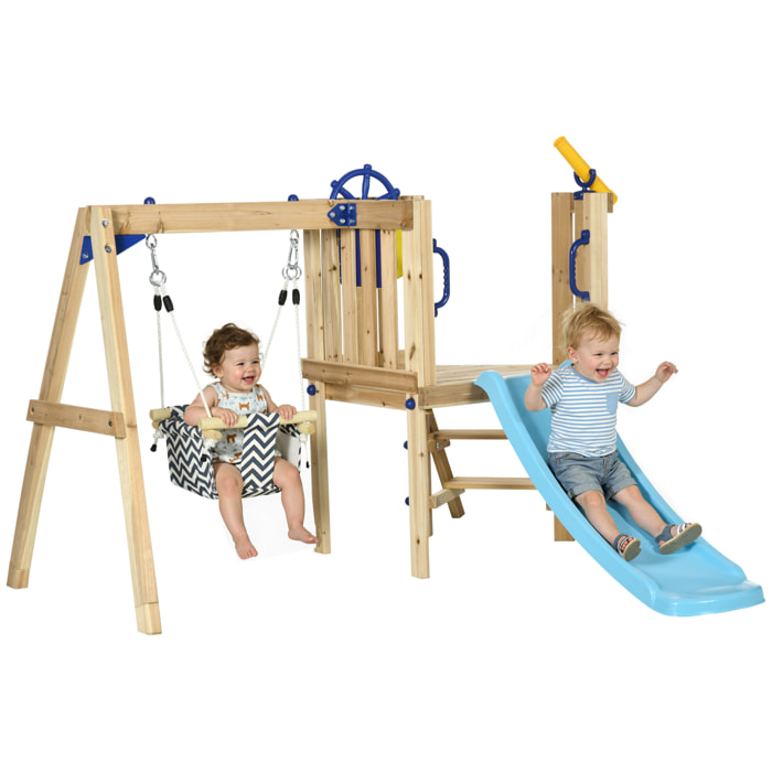 Columpio y Tobogán Infantil Exterior, Parque Infantil Exterior de Madera con Columpio, Tobogán, Volante, Telescopio, para Niños de 18-48 Meses, para Patio, Césped, Natural