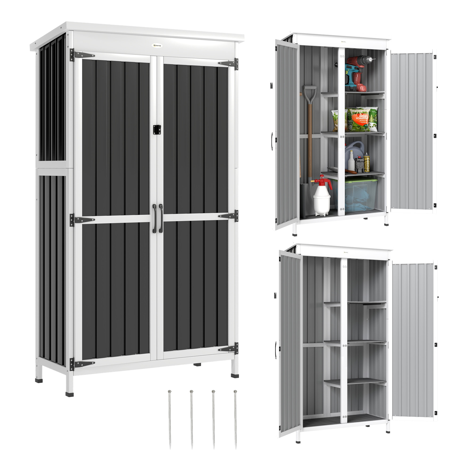 Caseta de Jardín de Madera y Acero 94x43x166 cm, Cobertizo Jardín Exterior, Armario para Herramientas con 2 Puertas, Estantes Ajustables y Techo Impermeable para Patio Terraza, Blanco y Negro