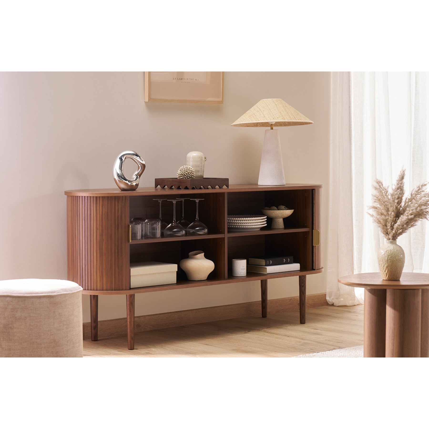 Buffet vintage en bois foncé noyer 2 portes coulissantes L160 cm EPIC
