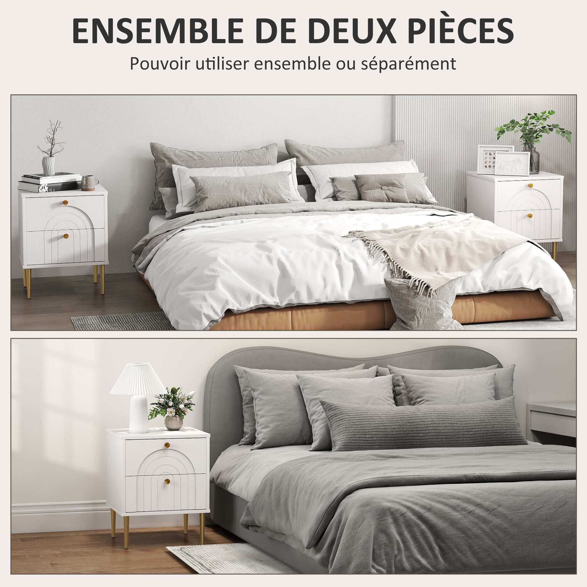 Lot de 2 chevets tables de nuit design - 2 tiroirs - piètement poignée métal doré blanc