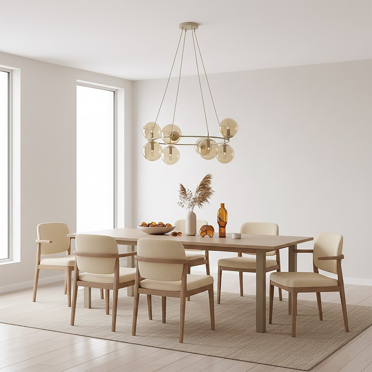 Lampada a sospensione AZURA in acciaio beige e sfere in vetro ambra
