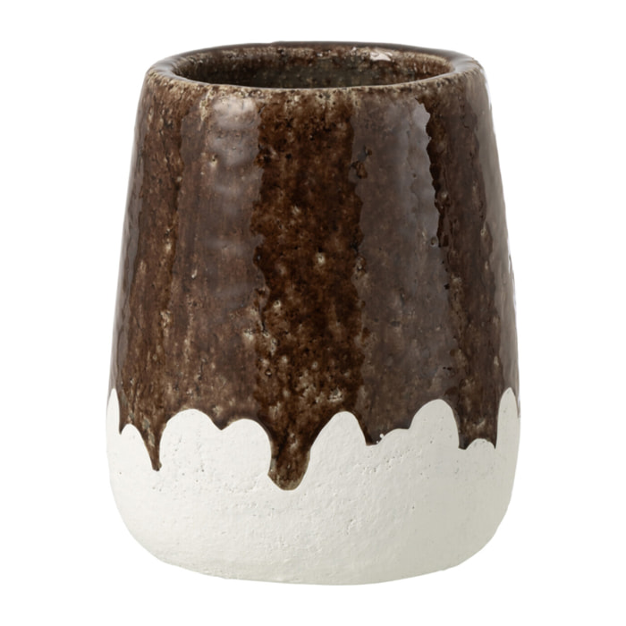 J-Line Cache-pot 2 parties - céramique - blanc/marron foncé - large