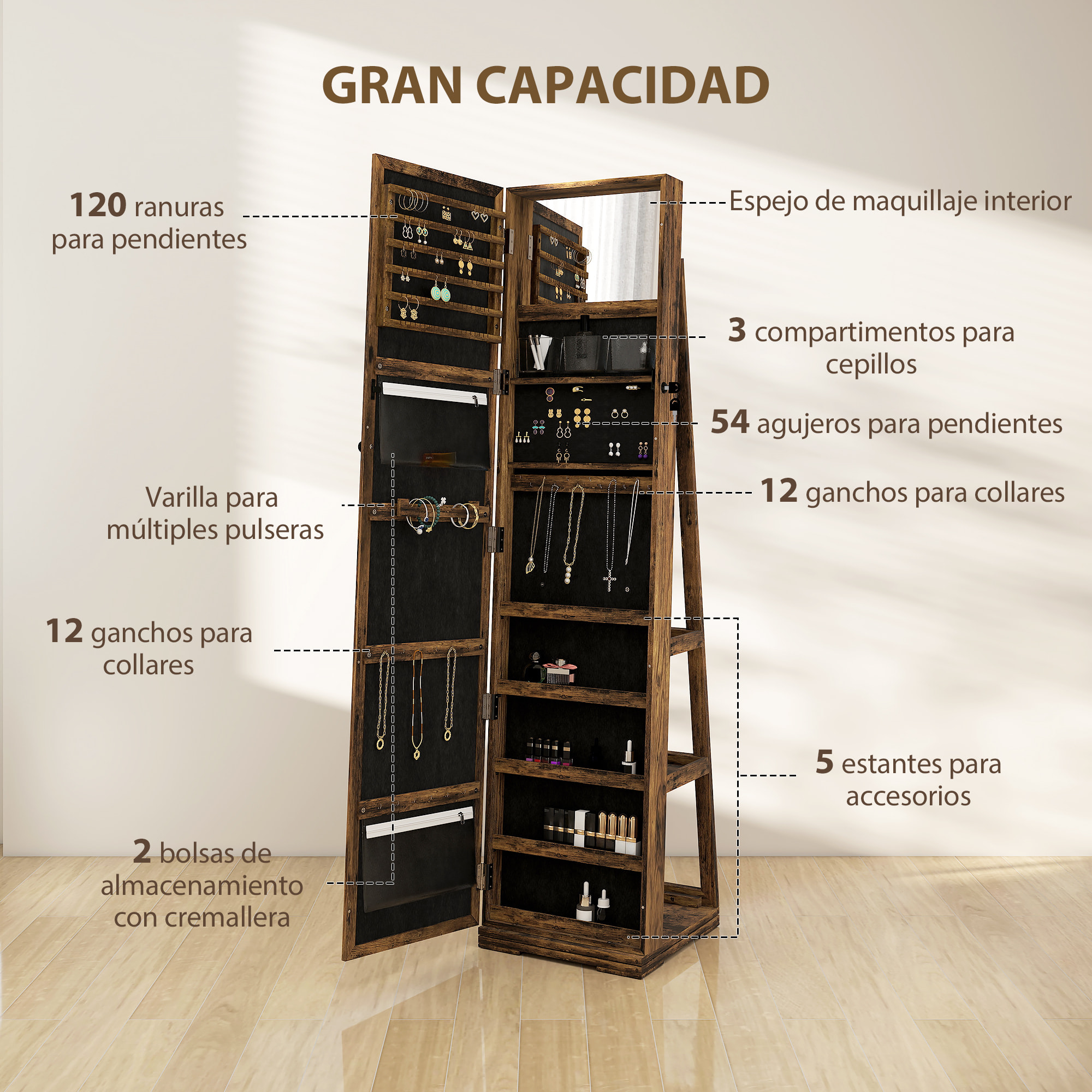 Espejo Joyero de Pie, Armario para Joyas Giratorio 360°, Armario Joyero con Cerradura, Llaves, Estantes Posteriores y Espejo Pequeño Incorporado, para Dormitorio y Vestidor, Marrón Rústico