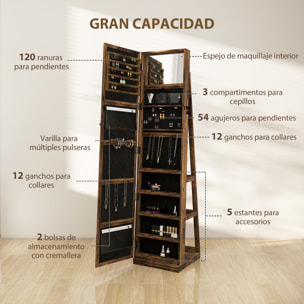 Espejo Joyero de Pie, Armario para Joyas Giratorio 360°, Armario Joyero con Cerradura, Llaves, Estantes Posteriores y Espejo Pequeño Incorporado, para Dormitorio y Vestidor, Marrón Rústico