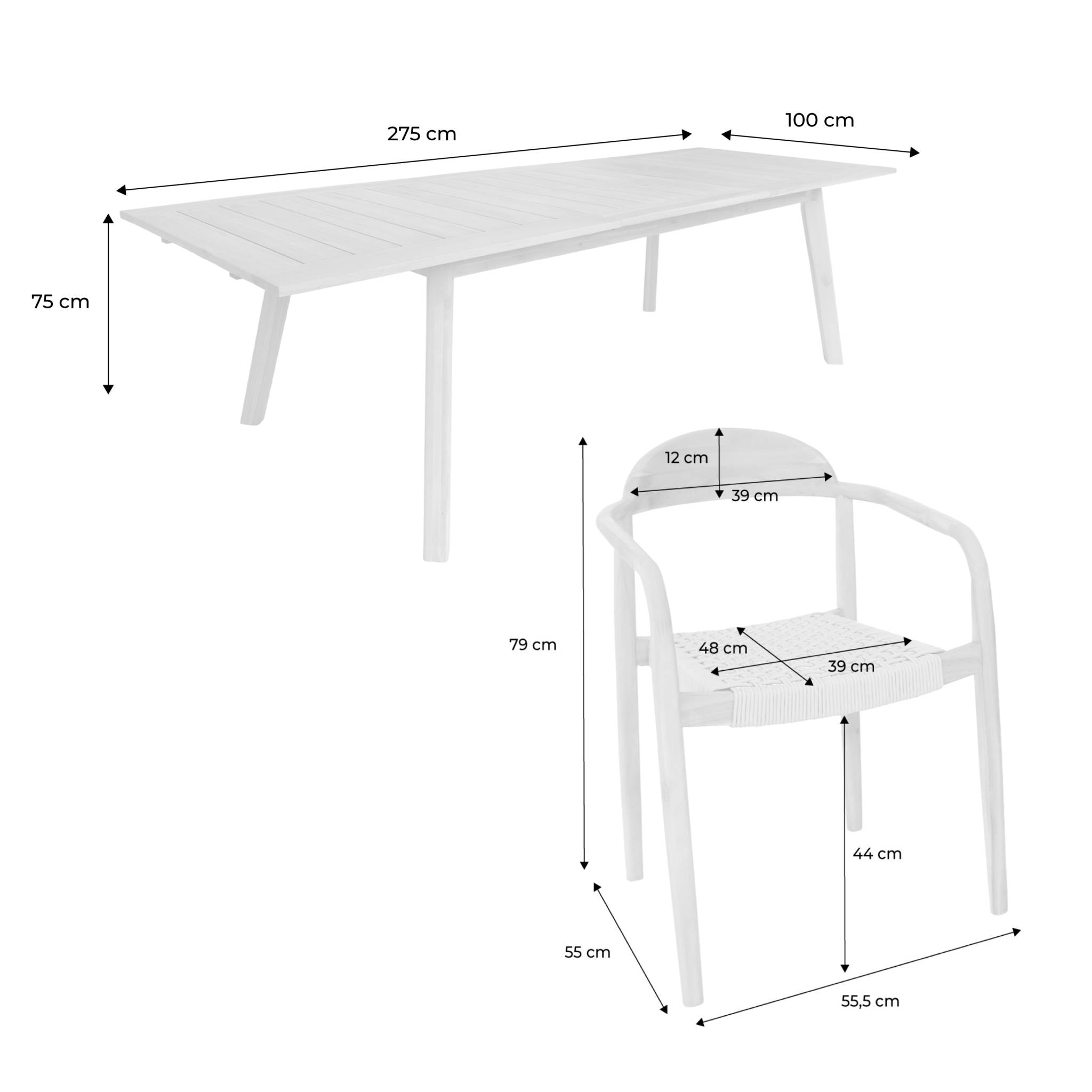 Table de jardin extensible bois d'acacia + 8 assises PALENA et CERINA  naturel et beige 275 x 100 x 75 cm