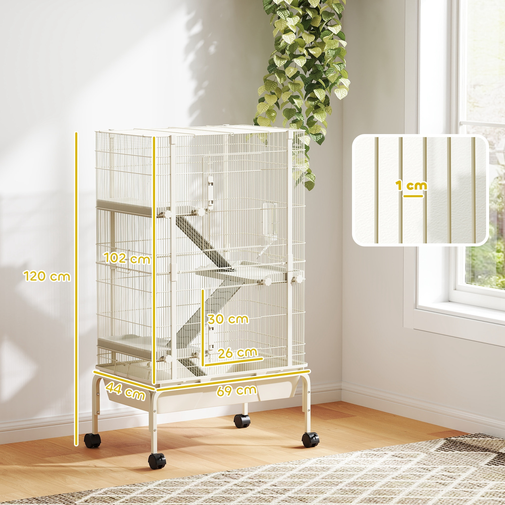 Cage mobile hamster rongeur furet 4 niveaux - 2 portes 3 rampes bac profond roulettes gamelle biberon - 69 x 44 x 120 cm - beige