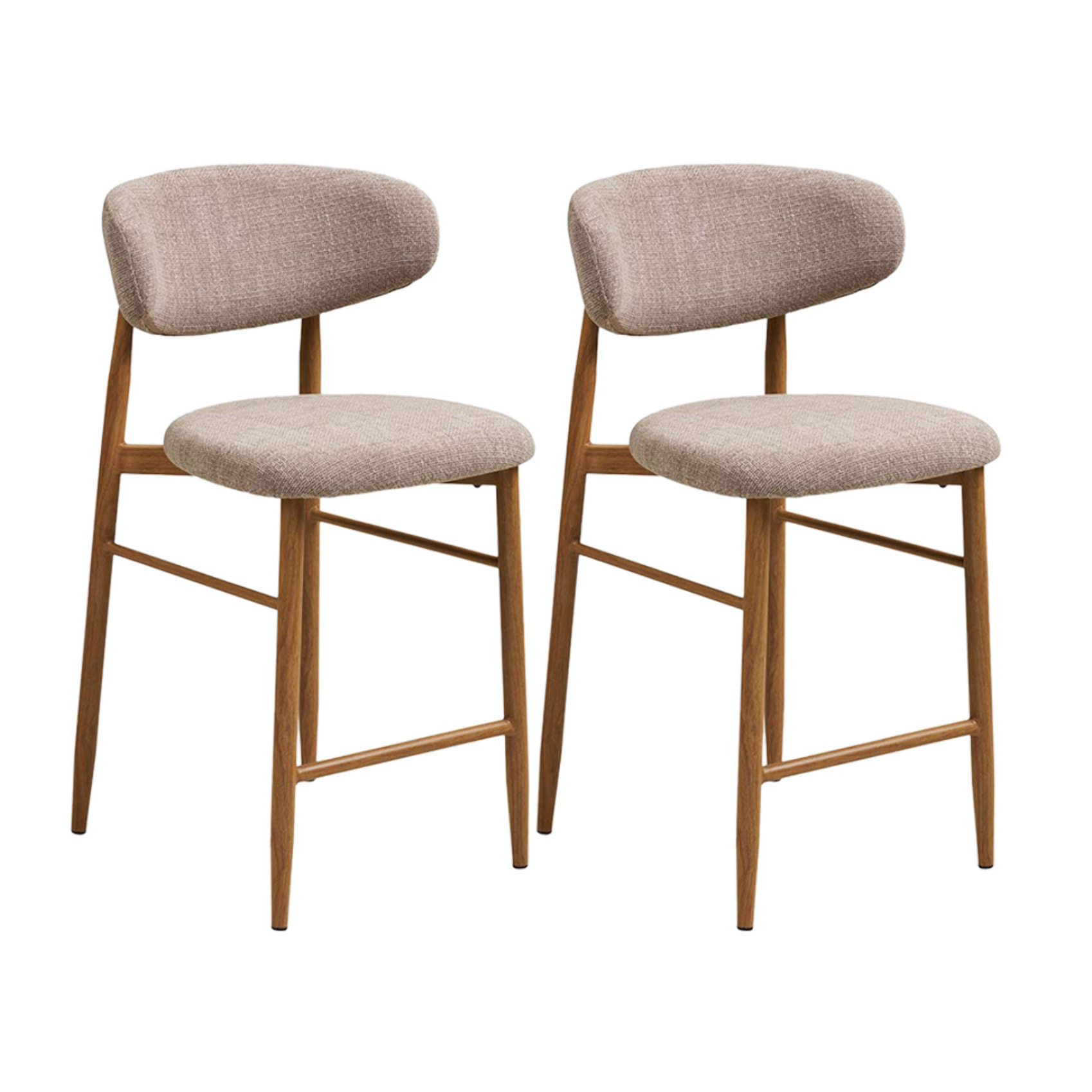 Eddie - lot de 2 tabourets en tissu texturé - pieds en acier effet bois - Bois / Beige