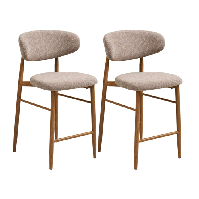 Eddie - lot de 2 tabourets en tissu texturé - pieds en acier effet bois - Bois / Beige