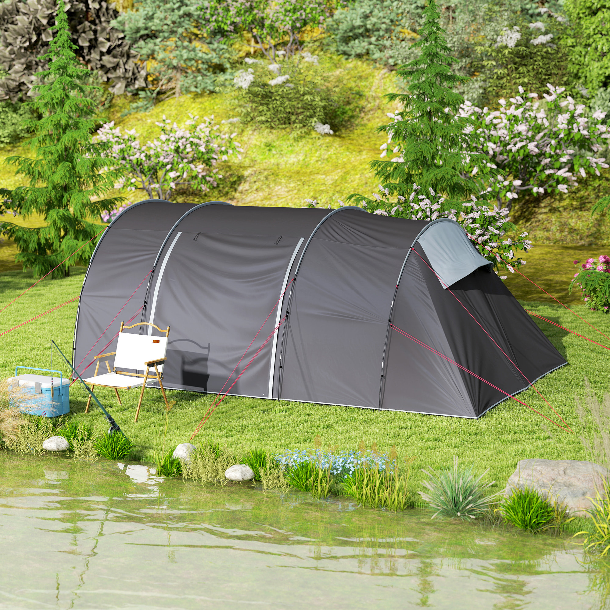 Tente camping 6 places - tente tunnel familiale - imperméabilité 5000mm - dim. 4,6 x 3,2 x 1,9 m - sac inclus - gris