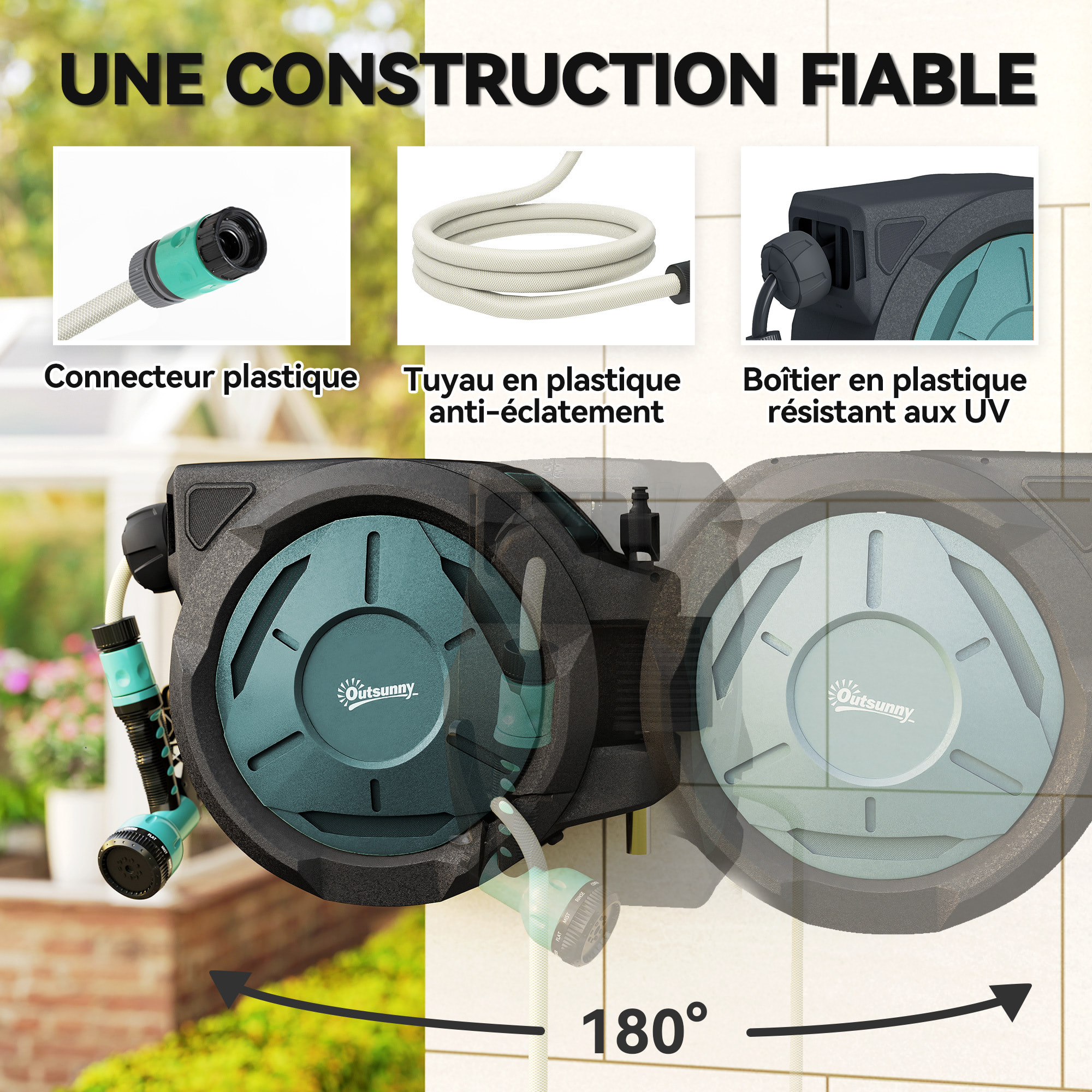 Dévidoir mural enrouleur automatique pivotant 180° tuyau 25+2m avec pistolet arrosage support mural intégré vert noir
