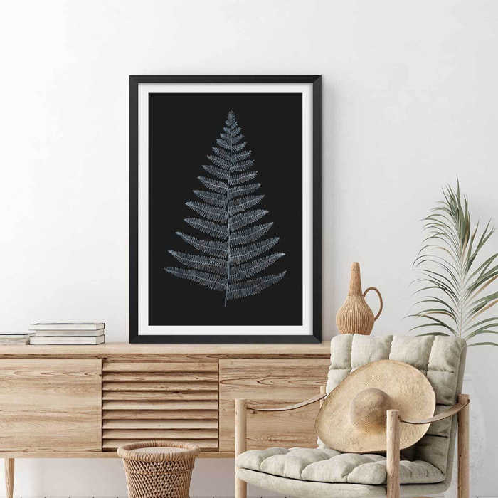 Poster fougère royale blanche Affiche + cadre en bois - Noir