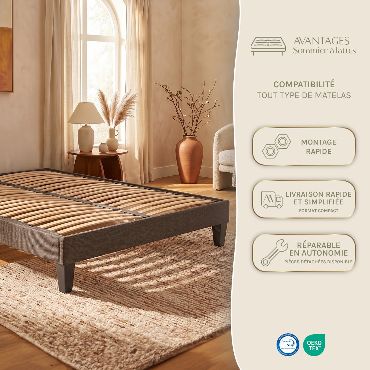 Sommier en Kit Tri-Lattes, Pin Massif & Tissu Gris Anthracite, Soutien Ferme, Montage Rapide